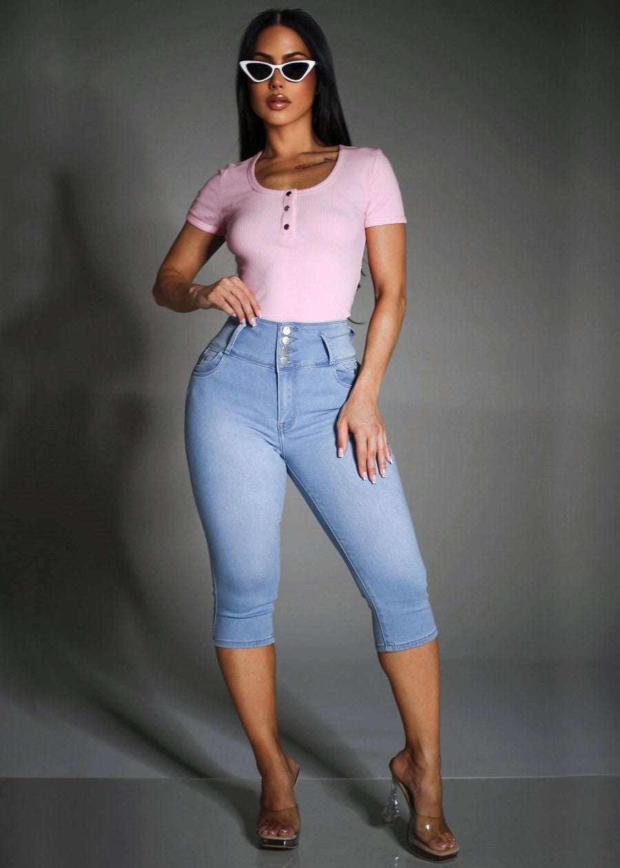 MX JEANS Butt Lift High Waist Stretch Denim Capris Light Blue