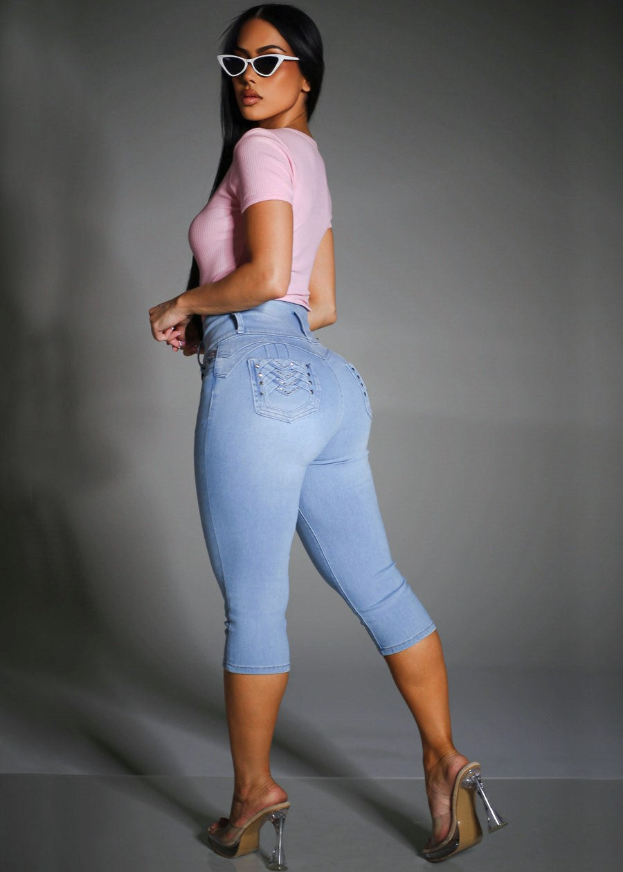 MX JEANS Butt Lift High Waist Stretch Denim Capris Light Blue