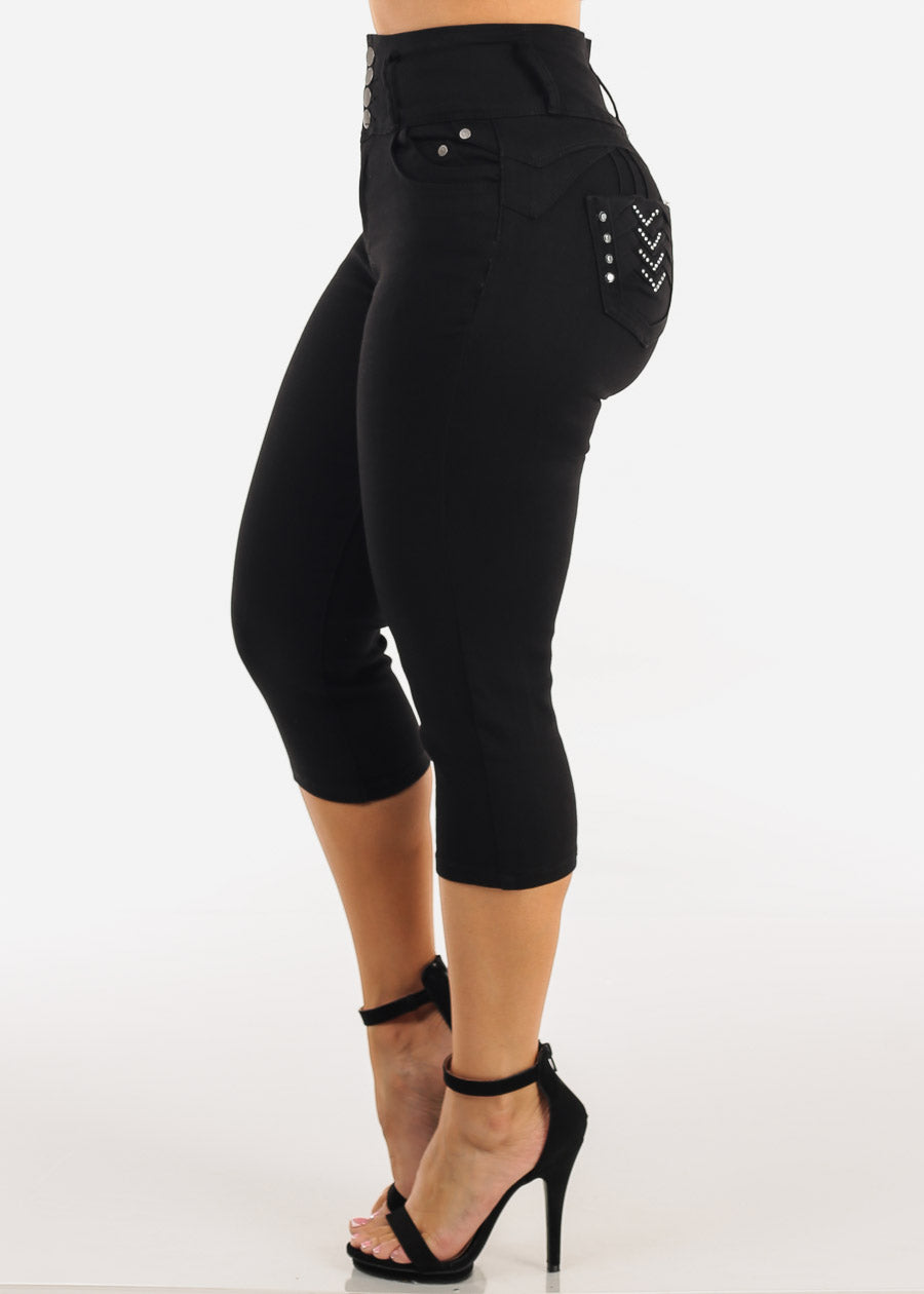 MX JEANS Butt Lift High Waist Stretch Denim Capris Black