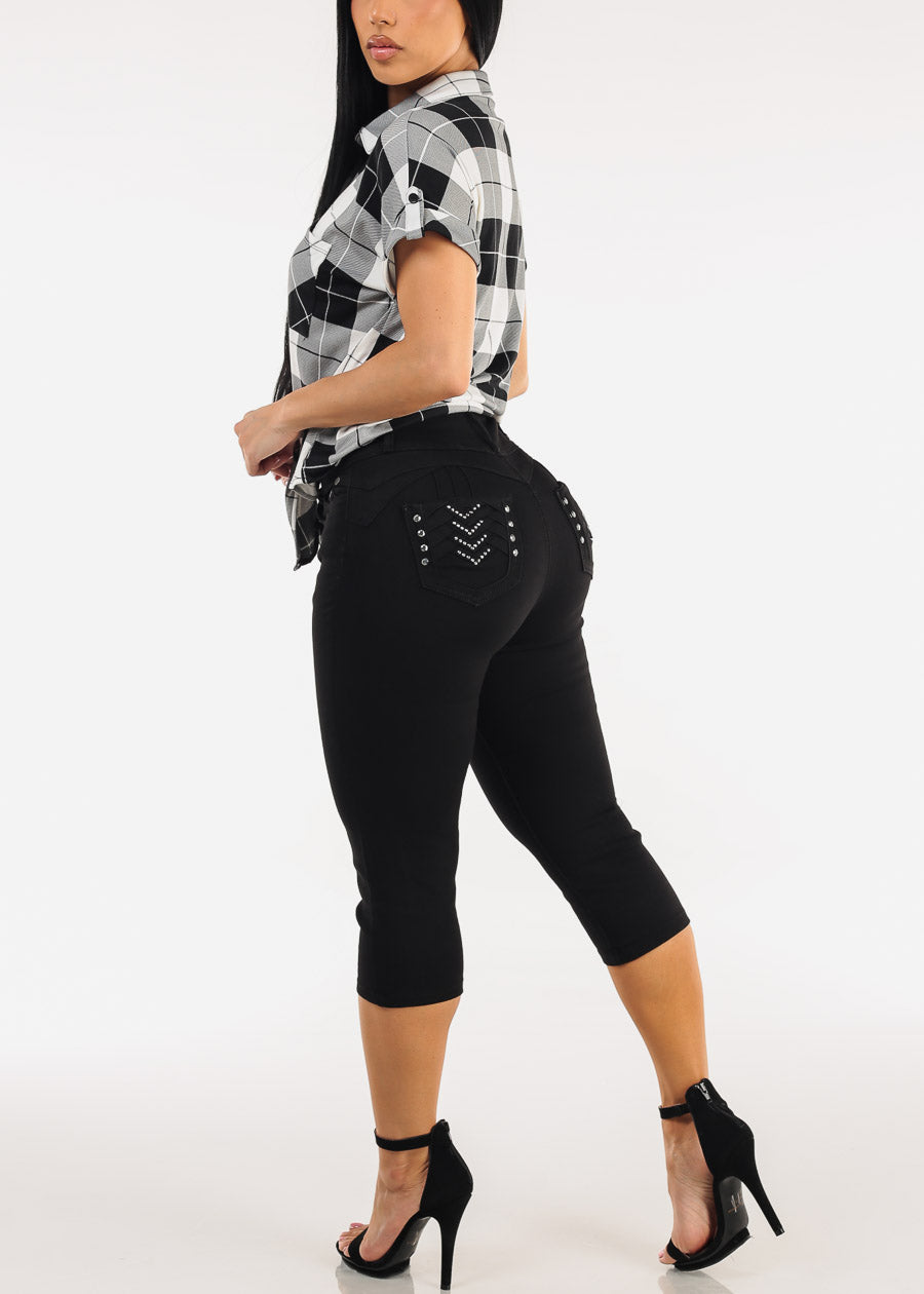 MX JEANS Butt Lift High Waist Stretch Denim Capris Black