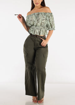 High Waist Straight Wide Leg Olive Cargo Pants with Belt