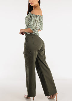 High Waist Straight Wide Leg Olive Cargo Pants with Belt