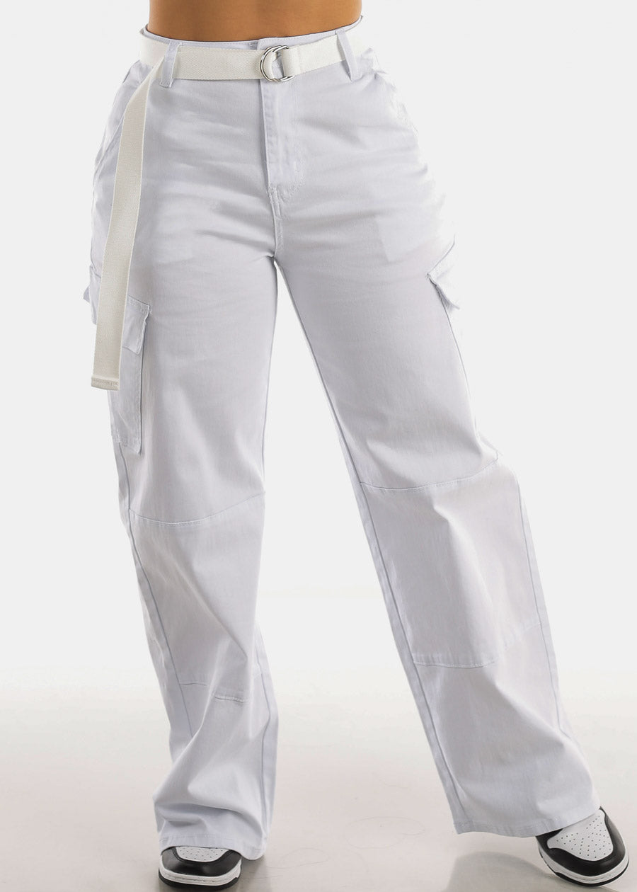 White High Waist Straight Wide Leg Cargo Pants with Belt