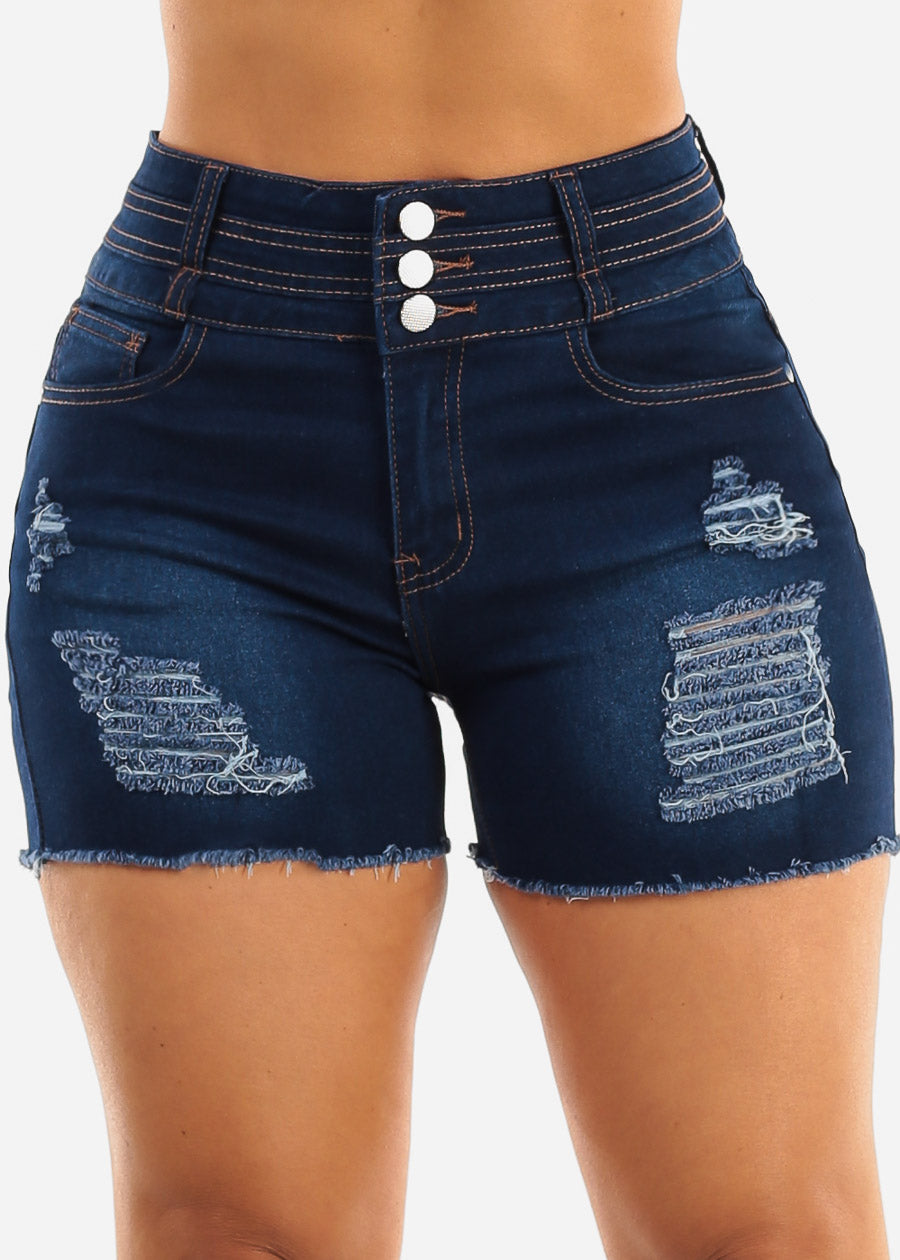 Butt Lift Distressed Dark Denim Cut Off Shorts 