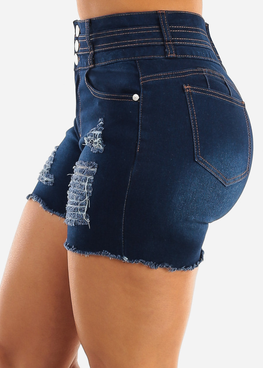 Butt Lift Distressed Dark Denim Cut Off Shorts 