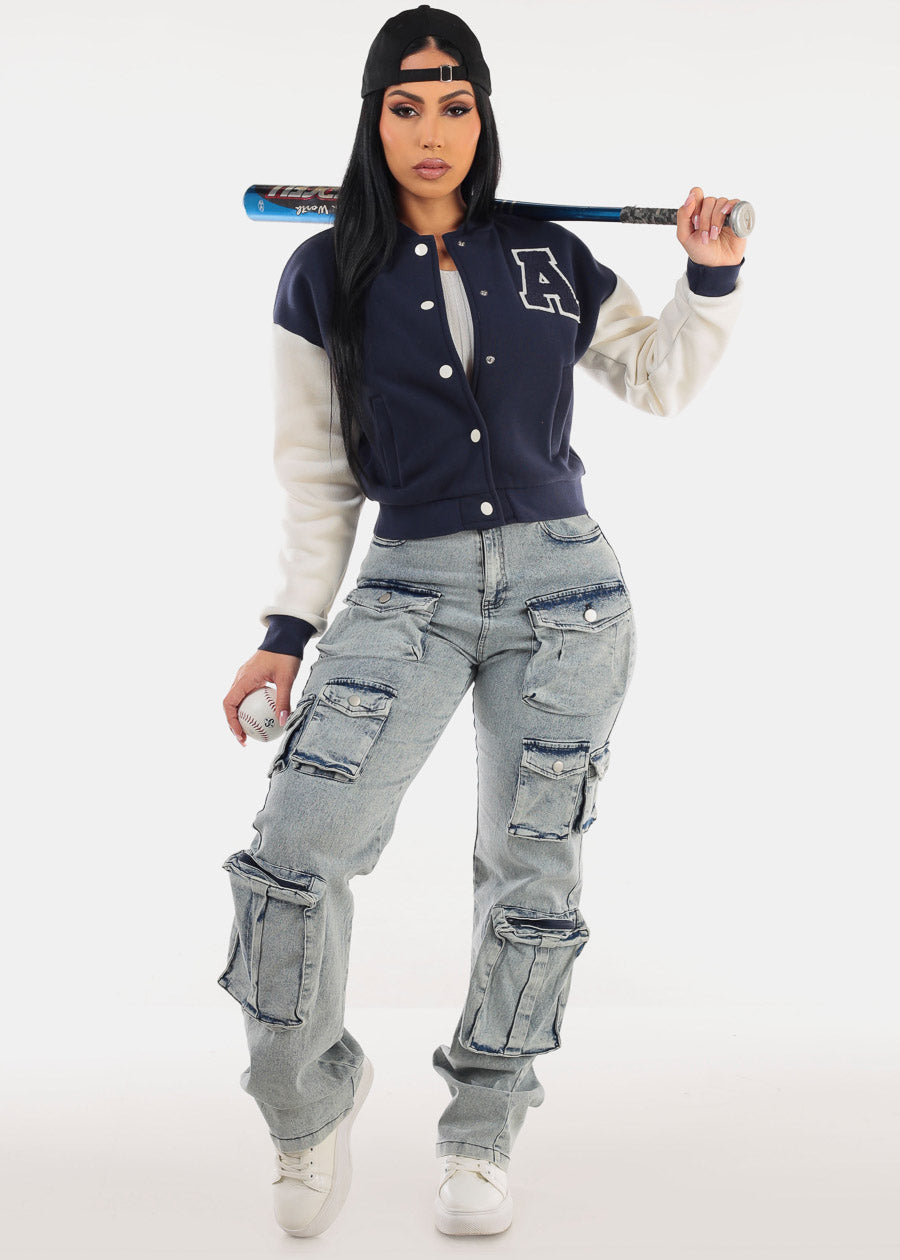 High Waist Acid Wash Utility Cargo Jeans