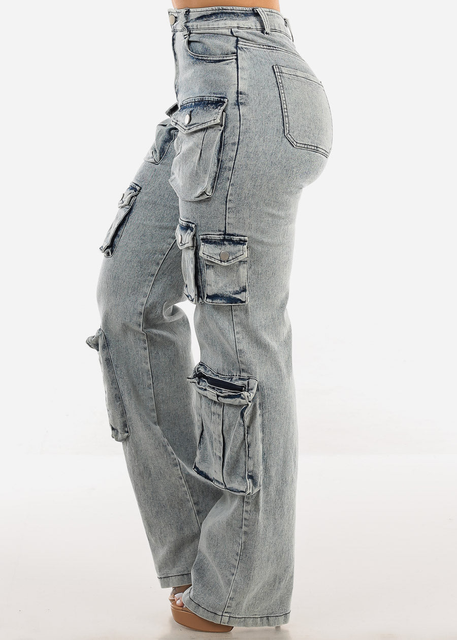 High Waist Acid Wash Utility Cargo Jeans