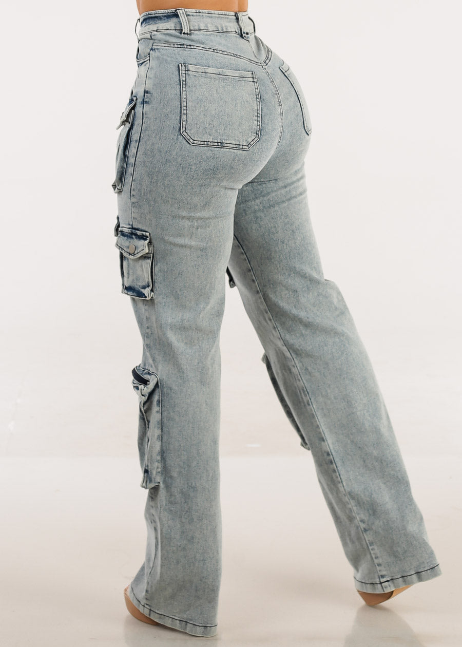 High Waist Acid Wash Utility Cargo Jeans