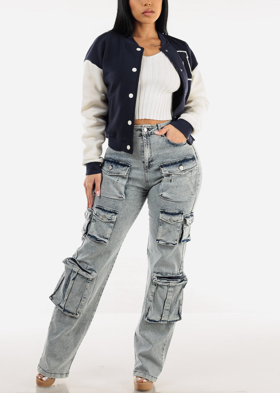 High Waist Acid Wash Utility Cargo Jeans