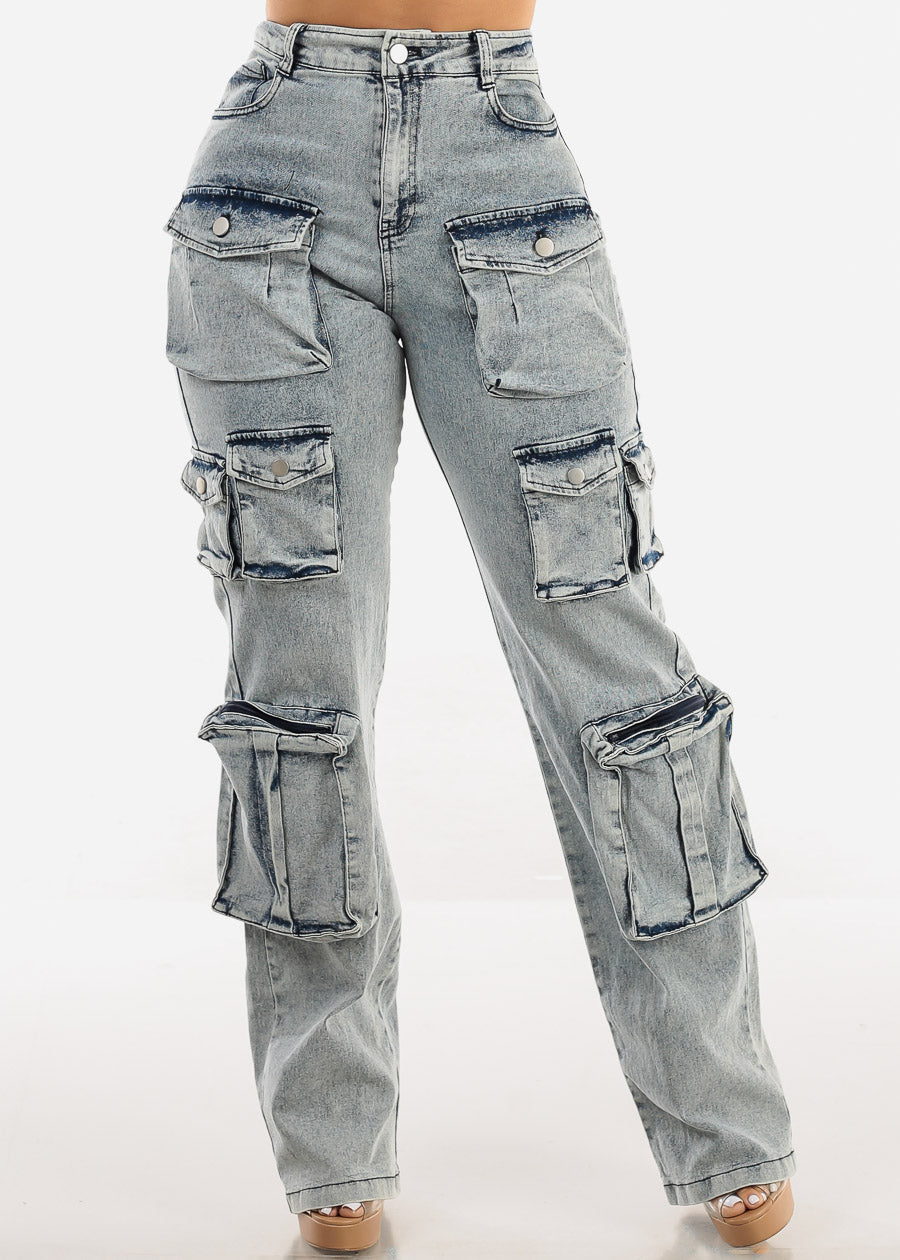 High Waist Acid Wash Utility Cargo Jeans