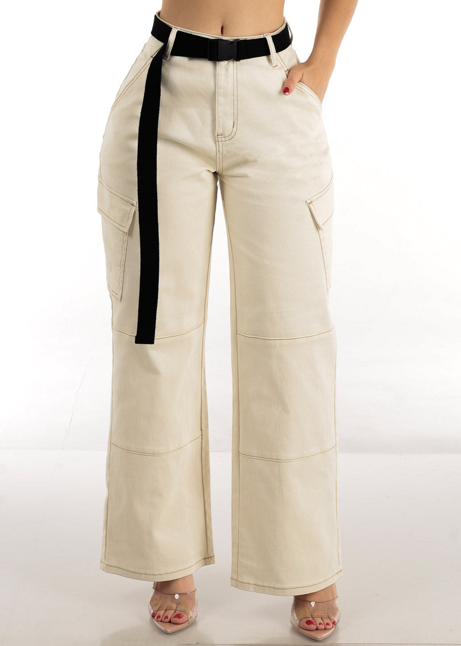 High Waist Straight Wide Leg Ivory Cargo Pants w Belt