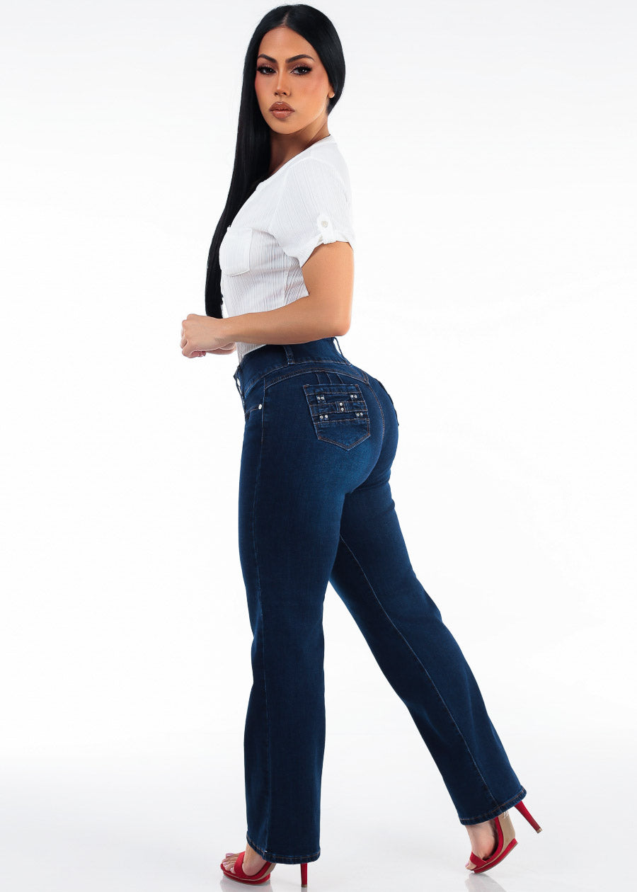 Butt Lift High Waist Stretch Wide Leg Jeans Dark Wash