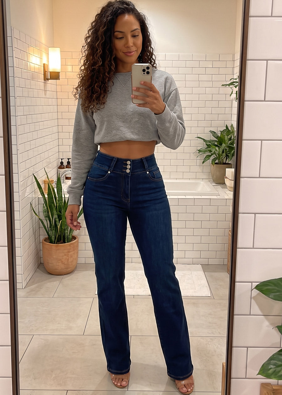 Butt Lift High Waist Stretch Wide Leg Jeans Dark Wash, view 10 of 12