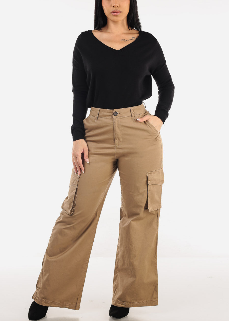 Butt Lift Super High Waist Wide Leg Cargo Pants Khaki