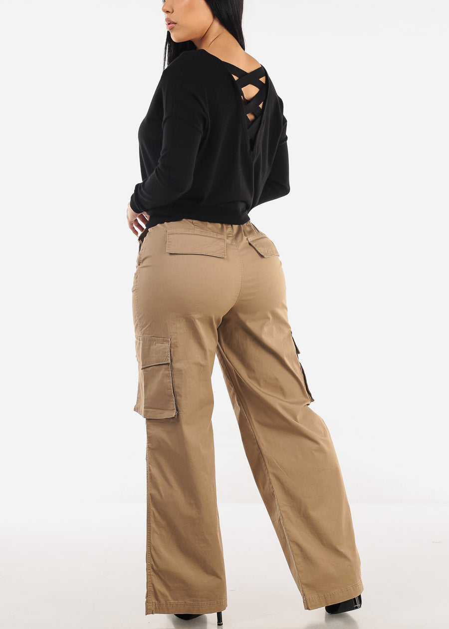 Butt Lift Super High Waist Wide Leg Cargo Pants Khaki