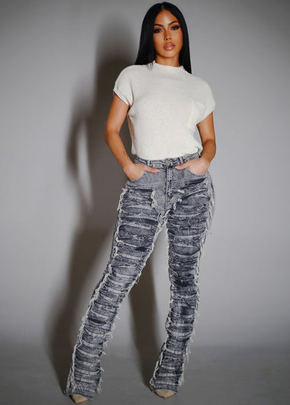 High Waist Ultra Distressed Stacked Leg Jeans Black Acid Wash