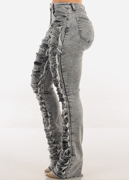 High Waist Ultra Distressed Stacked Leg Jeans Black Acid Wash