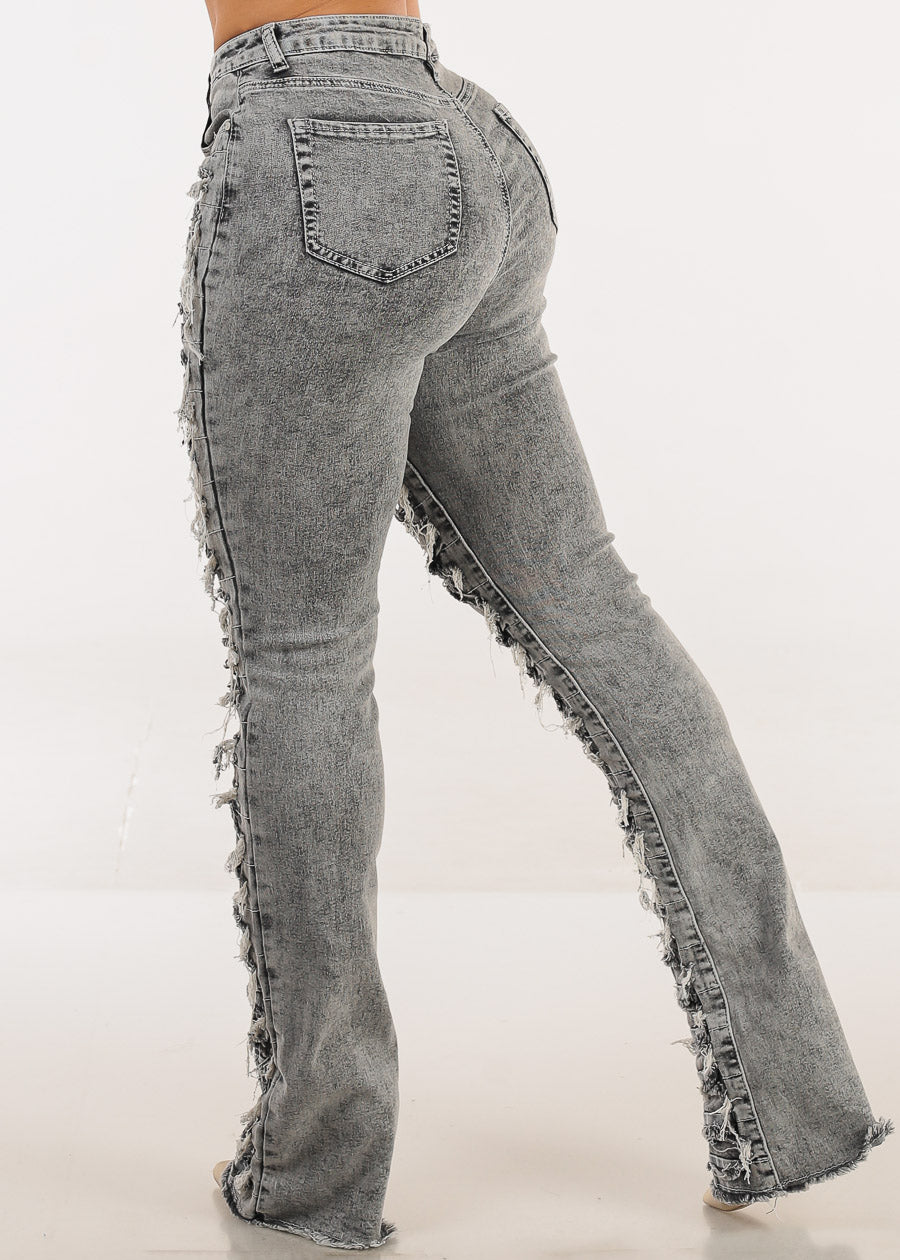 High Waist Ultra Distressed Stacked Leg Jeans Black Acid Wash