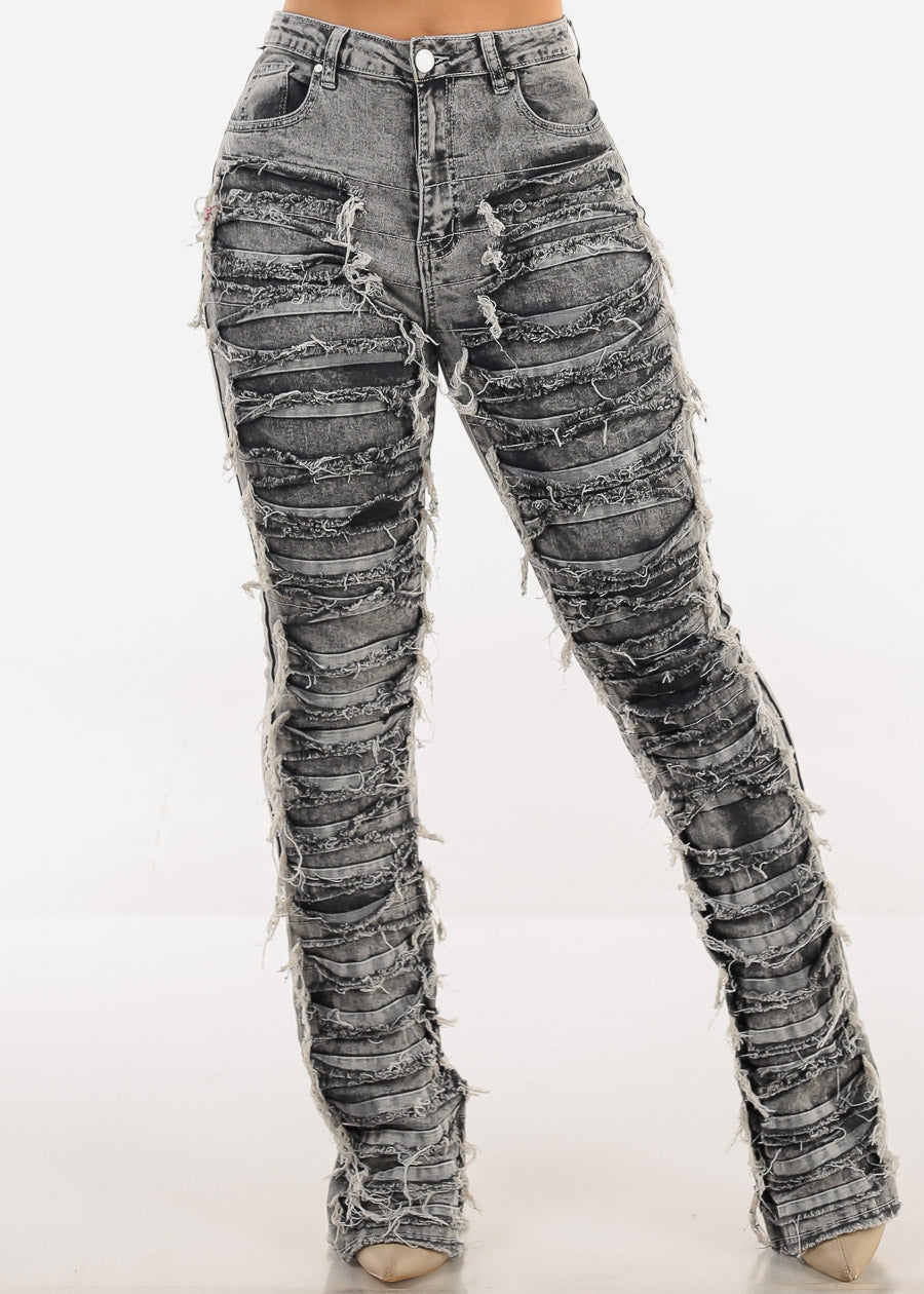 High Waist Ultra Distressed Stacked Leg Jeans Black Acid Wash