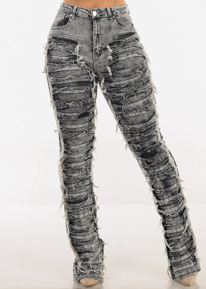 High Waist Ultra Distressed Stacked Leg Jeans Black Acid Wash