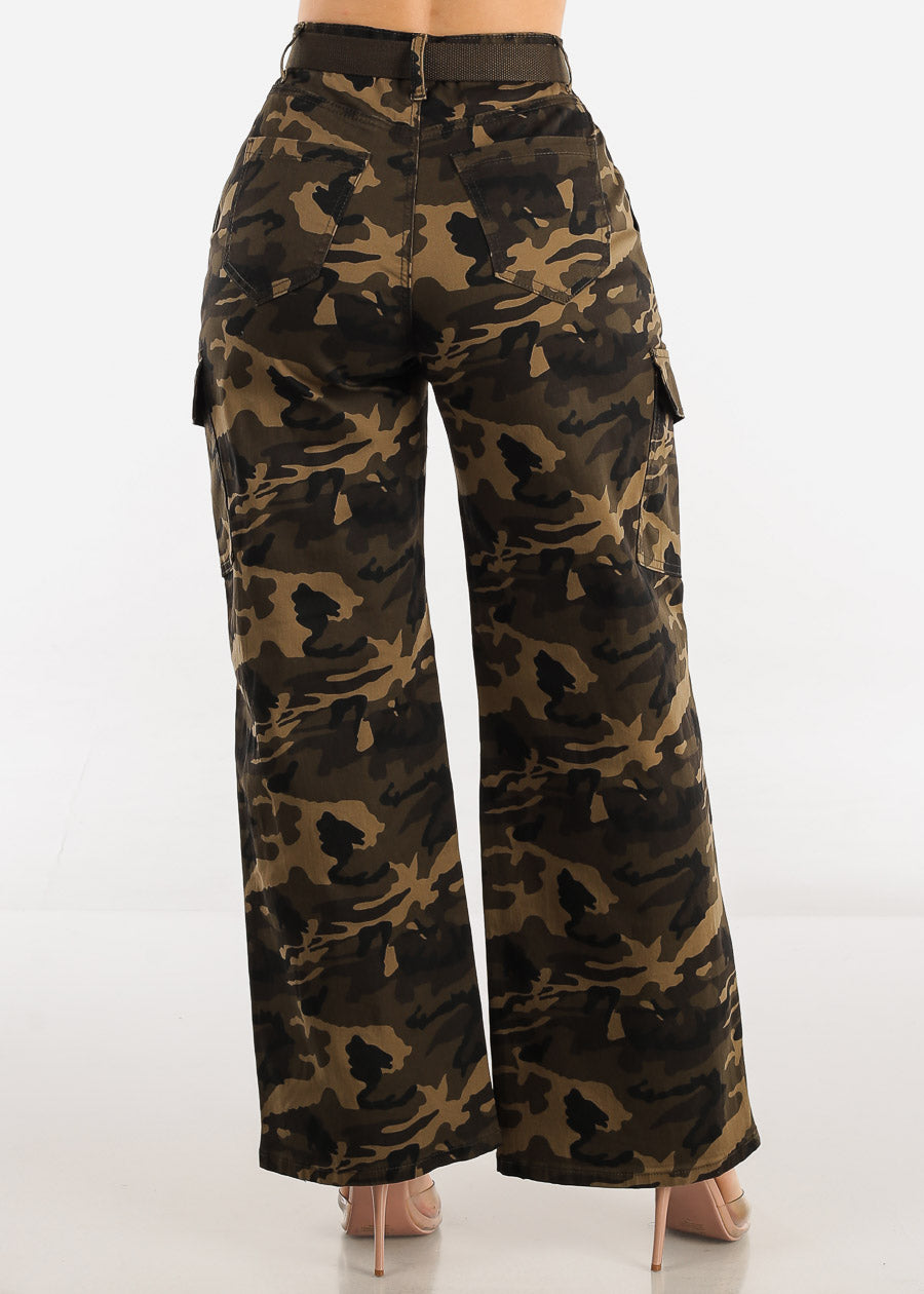 High Waist Straight Wide Leg Camouflage Cargo Pants w Belt