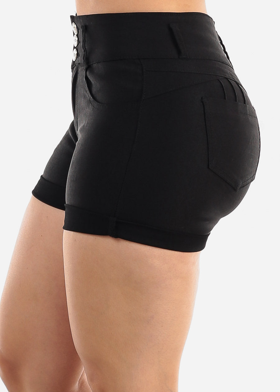 MX JEANS Black High Waist Hyper Stretch Butt Lifting Mid Thigh Shorts