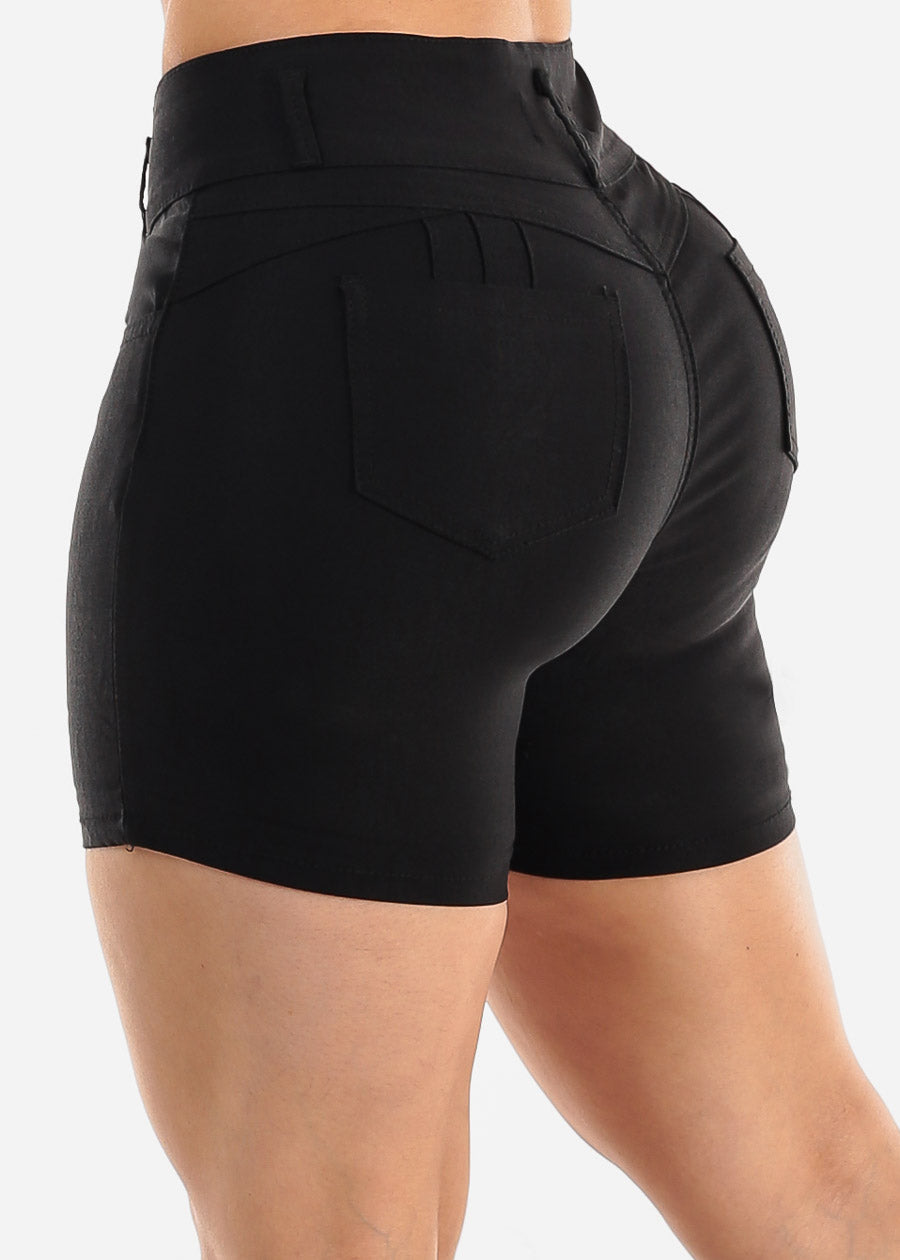 MX JEANS Black High Waist Hyper Stretch Butt Lifting Mid Thigh Shorts