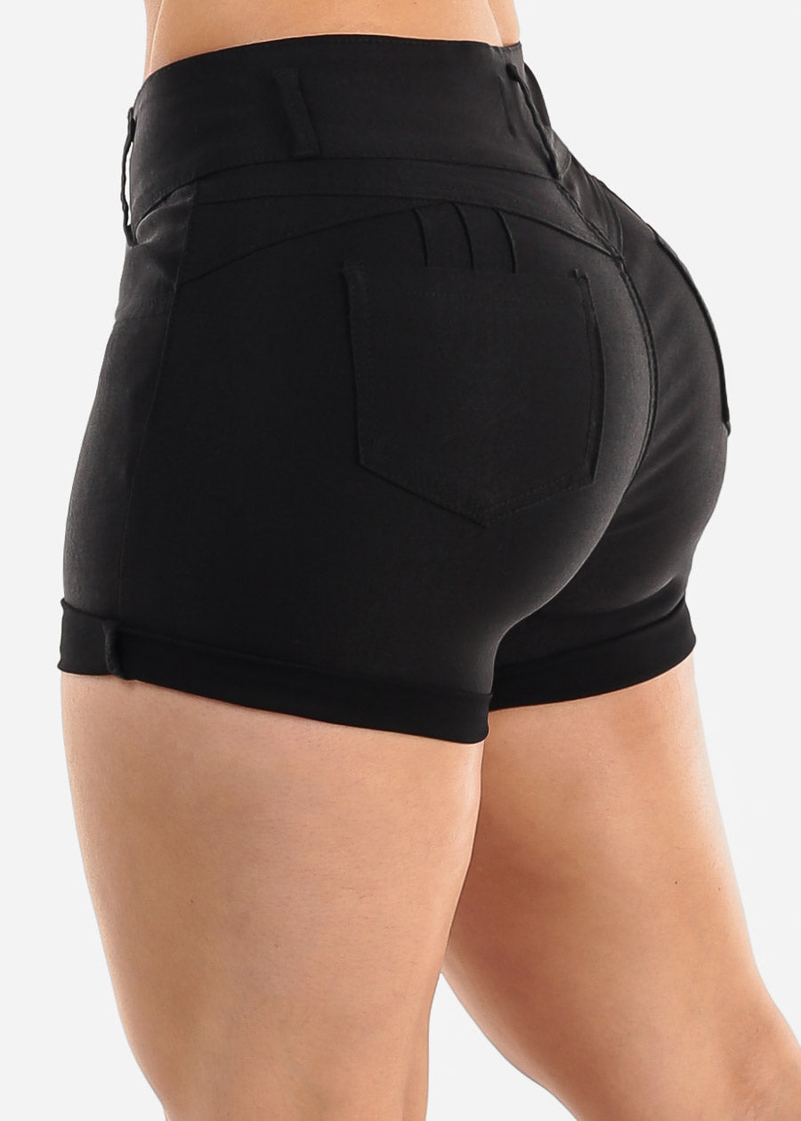 MX JEANS Black High Waist Hyper Stretch Butt Lifting Mid Thigh Shorts