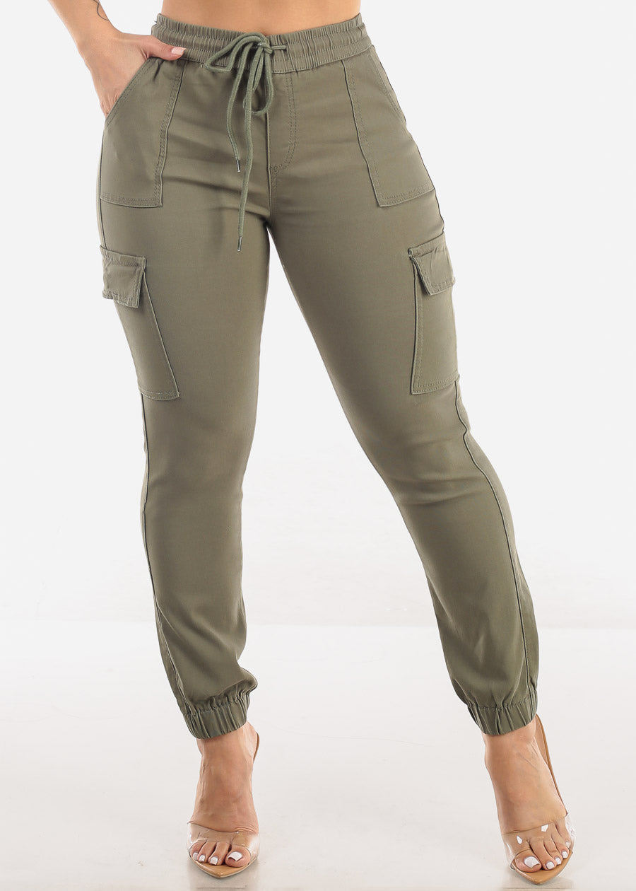 Drawstring Waist Hyper Stretch Cargo Jogger Pants Olive