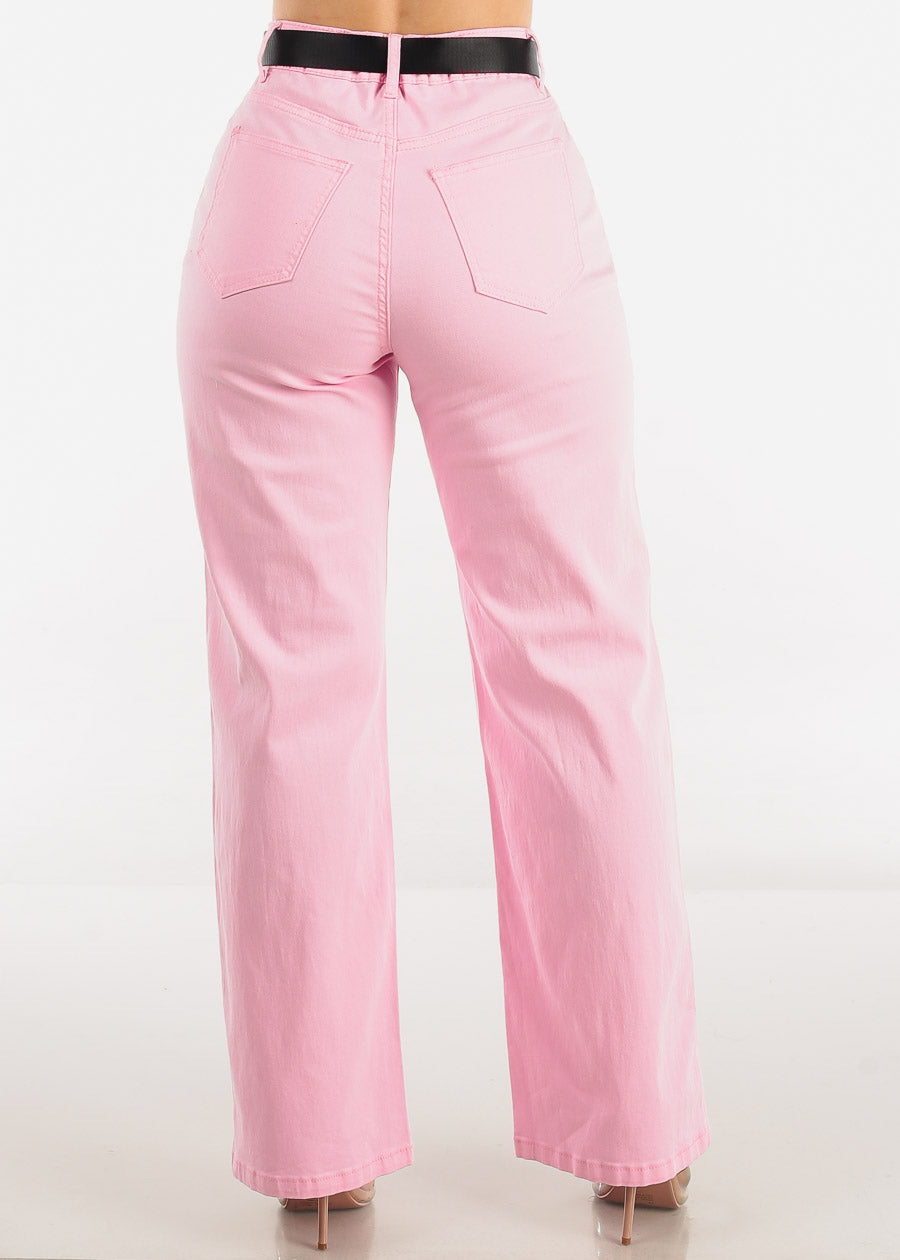 High Waist Straight Wide Leg Pink Pants w Belt