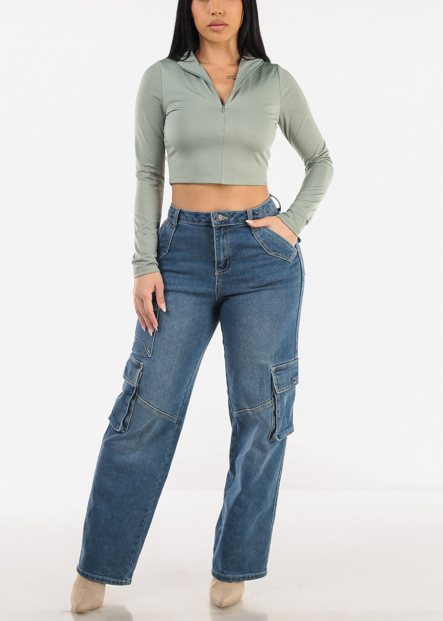 Super High Waist Straight Wide Leg Cargo Jeans Dark Wash