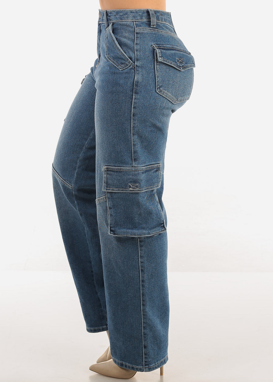 Super High Waist Straight Wide Leg Cargo Jeans Dark Wash