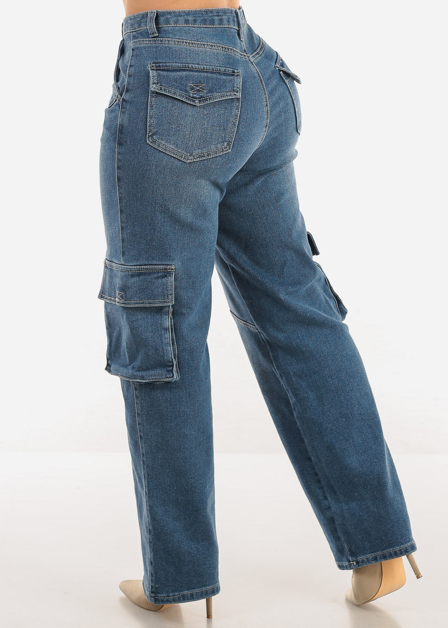 Super High Waist Straight Wide Leg Cargo Jeans Dark Wash