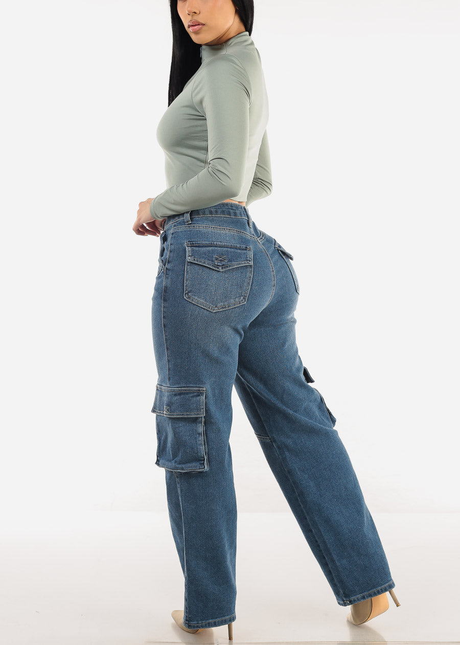 Super High Waist Straight Wide Leg Cargo Jeans Dark Wash