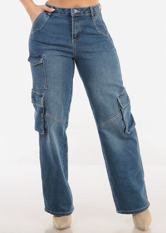 Super High Waist Straight Wide Leg Cargo Jeans Dark Wash