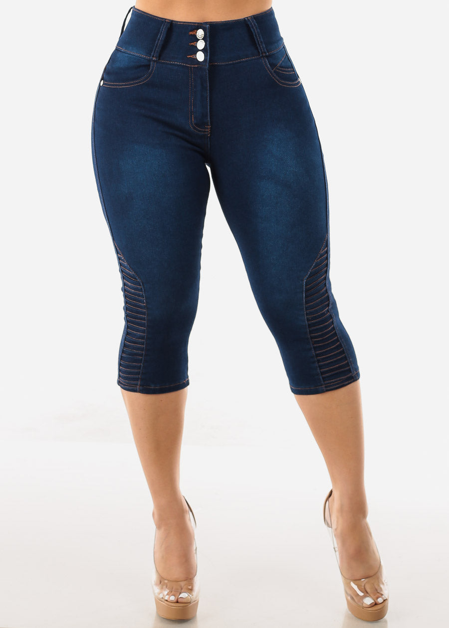 High Rise Butt Lifting Moto Dark Denim Capris