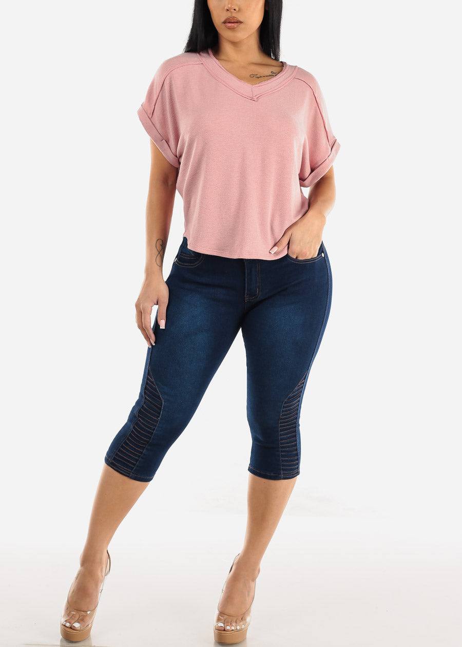 High Rise Butt Lifting Moto Dark Denim Capris