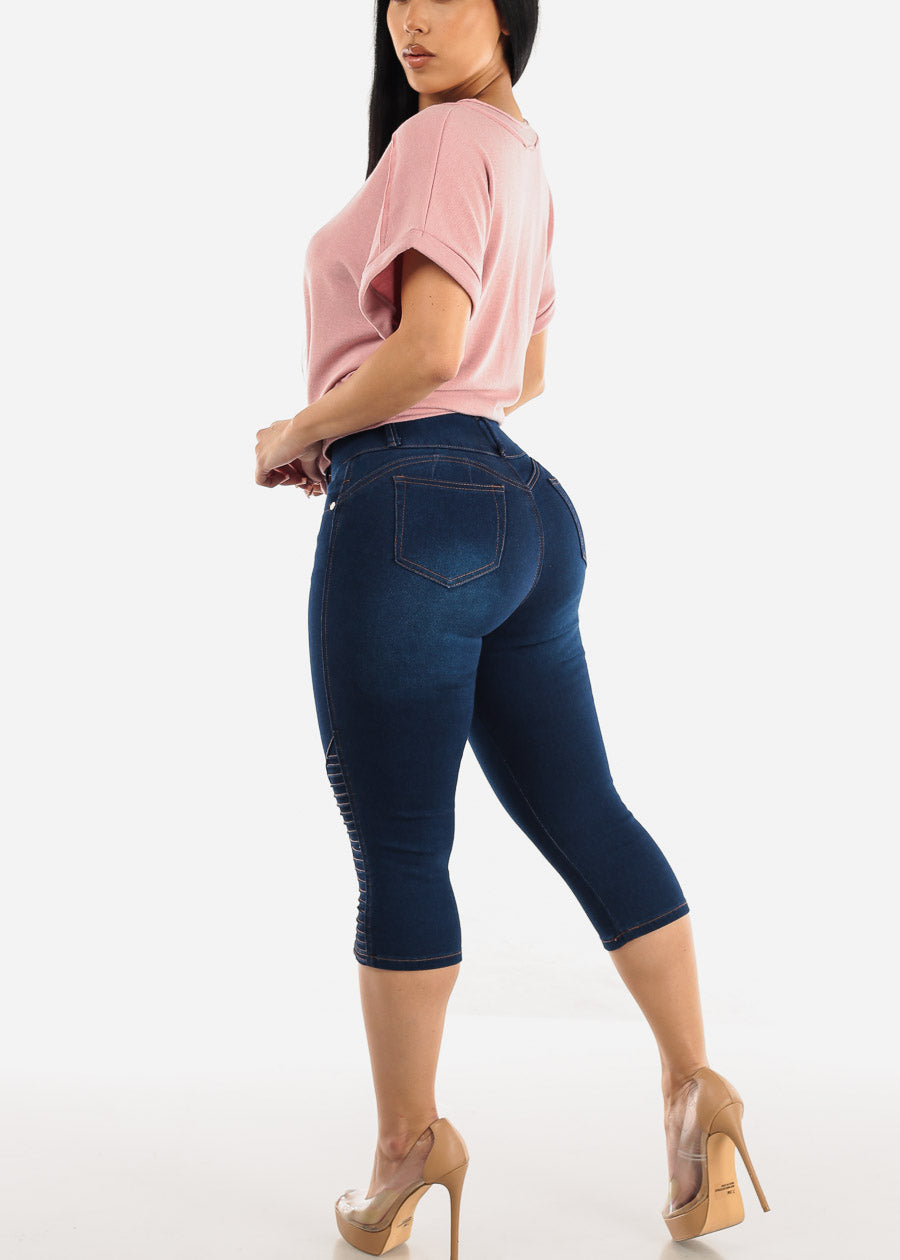 High Rise Butt Lifting Moto Dark Denim Capris