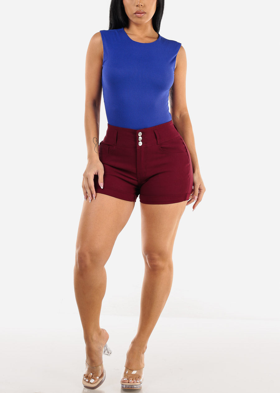 MX JEANS High Waist Hyper Stretch Butt Lifting Cuffed Shorts Burgundy