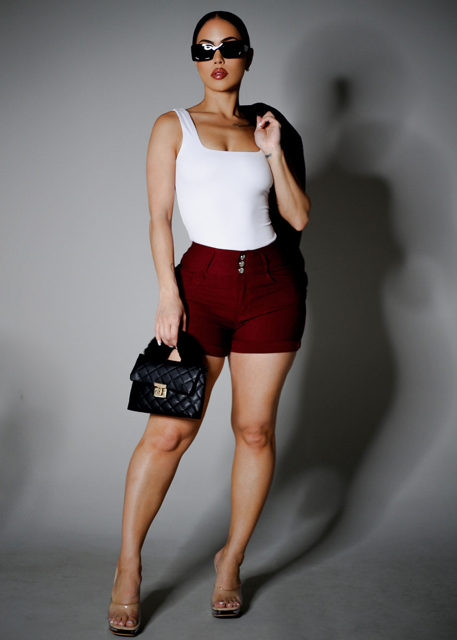 MX JEANS High Waist Hyper Stretch Butt Lifting Mid Thigh Shorts Burgundy