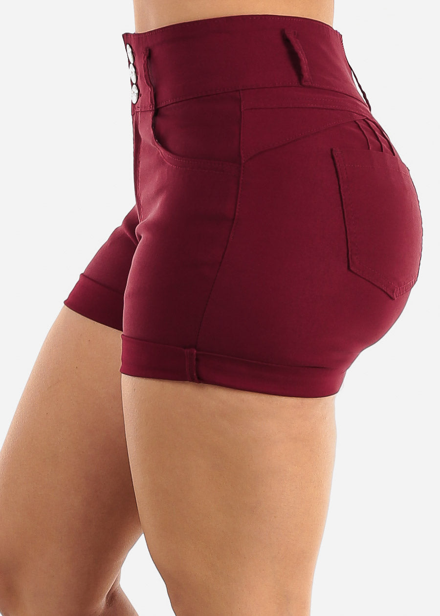 MX JEANS High Waist Hyper Stretch Butt Lifting Mid Thigh Shorts Burgundy