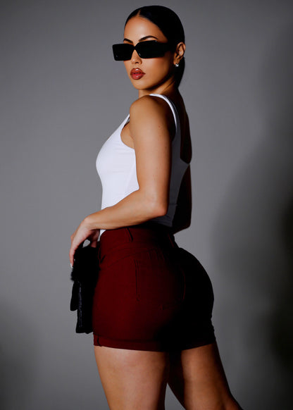 MX JEANS High Waist Hyper Stretch Butt Lifting Mid Thigh Shorts Burgundy