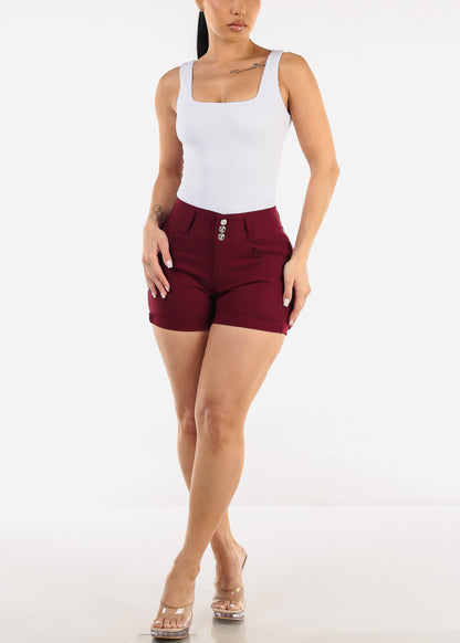 MX JEANS High Waist Hyper Stretch Butt Lifting Mid Thigh Shorts Burgundy