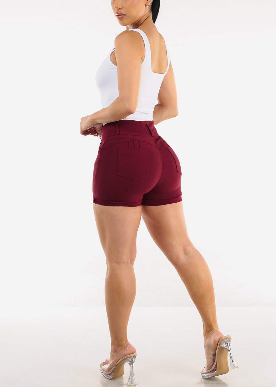 MX JEANS High Waist Hyper Stretch Butt Lifting Mid Thigh Shorts Burgundy
