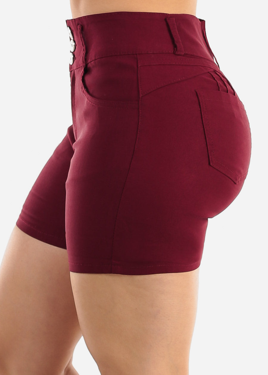 MX JEANS High Waist Hyper Stretch Butt Lifting Mid Thigh Shorts Burgundy