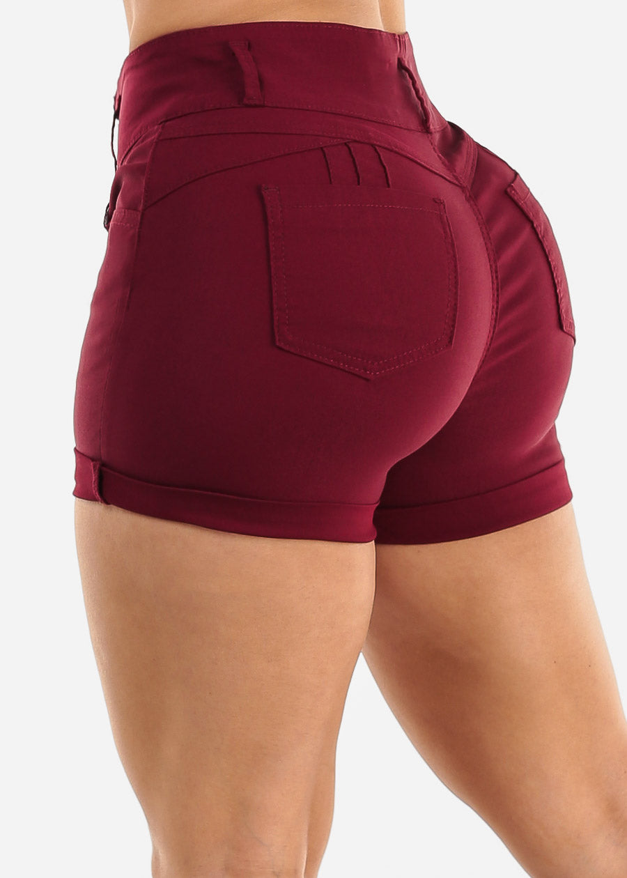 MX JEANS High Waist Hyper Stretch Butt Lifting Cuffed Shorts Burgundy