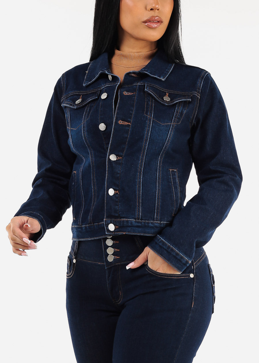 Long Sleeve Button Up Denim Jacket Dark Blue