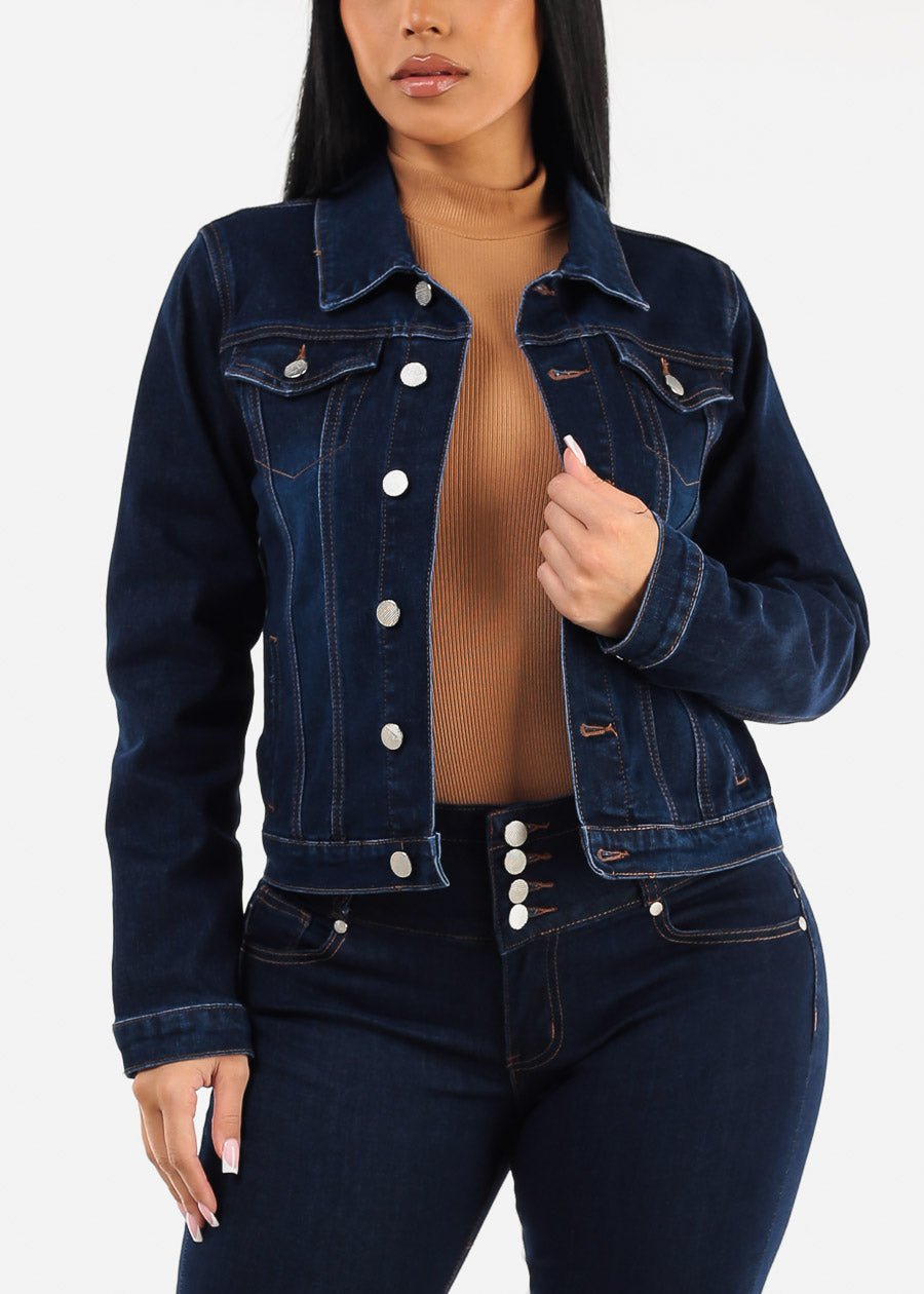 Long Sleeve Button Up Denim Jacket Dark Blue