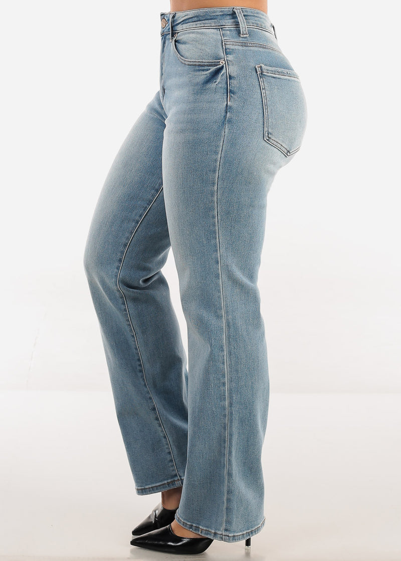 High Waisted Straight Wide Leg Stretch Jeans Light Blue