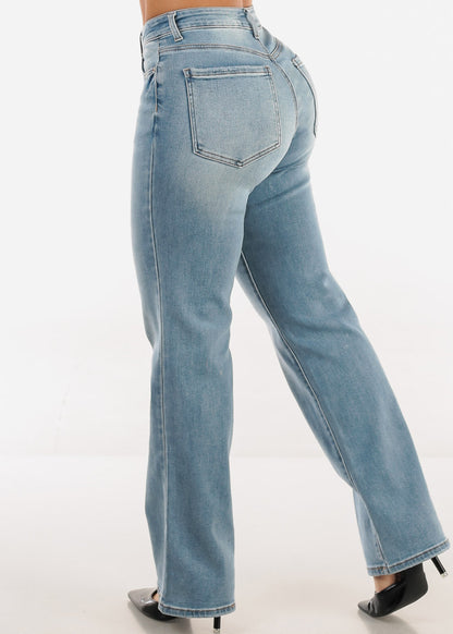 High Waisted Straight Wide Leg Stretch Jeans Light Blue